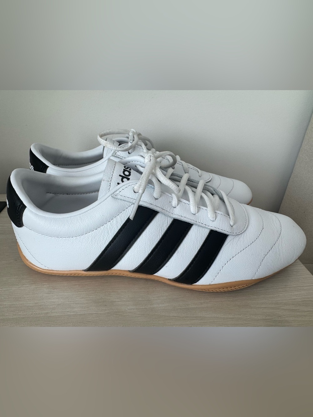 adidas White Sneakers with Black Three Stripes and Gum Sole